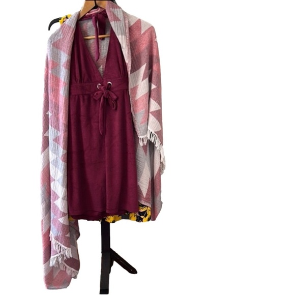 Resort Wear 3 PC Set Burgundy Halter Terry Dress Organic Burgundy Gray Wrap NEW - Picture 7 of 16